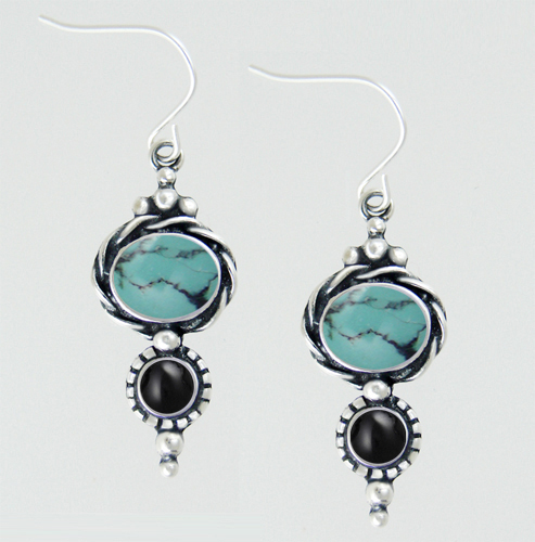 Sterling Silver Drop Dangle Earrings With Chinese Turquoise And Black Onyx